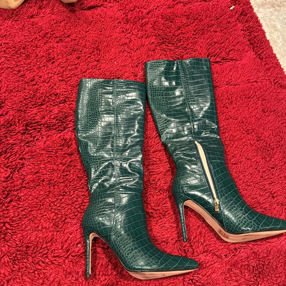 Hunter green knee high faux Python/faux leather boots